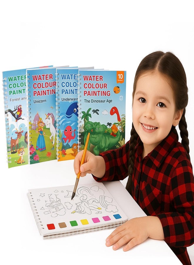 Wishkey Water Colour Paint Set Notebook Pack of 4 for Kids Age 4+ | Magic Water Painting Book with Brush | Reusable Coloring Book for Toddlers | Unicorn, Dinosaur, Forest Animals & Underwater World - Image 1